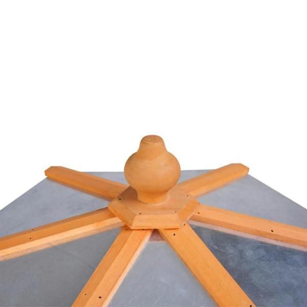 Wooden gazebo roof finial and radial beams on hexagonal bird feeder top