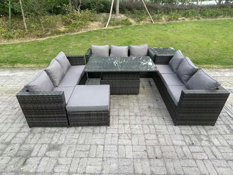 Fimous 10-Seater Dark Grey Rattan Outdoor Sofa Set | Adjustable Rising Dining Table, Side Table, Large Footstool