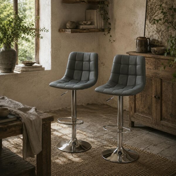 Wyld Haus Vivivi Set Of 2 Grey Tufted Faux Leather Swivel Bar Stools With Back Support