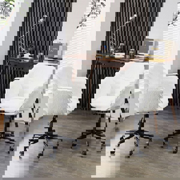 Furniture One Office Chair, Boucle Fabric Padded Armchair, Mid-back Swivel Vanity Chair - Max Load 150kgs - White