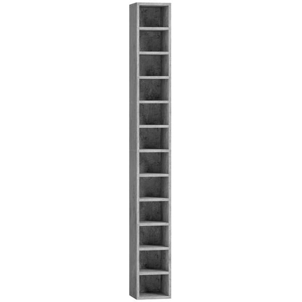 Tall narrow media storage tower with open cubby shelves, cement grey, rectangular frame