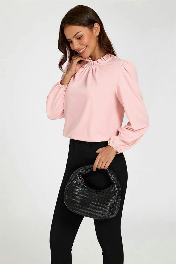 FS Collection Floral Print Frill Detail High Neck Top In Pink