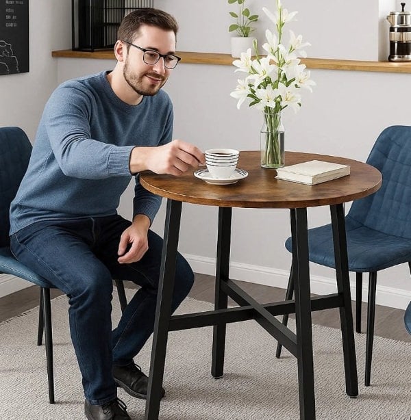 Modcraft Round Dining Table, Rustic Brown Top with Black Steel Frame, Industrial Style for Kitchen or Office
