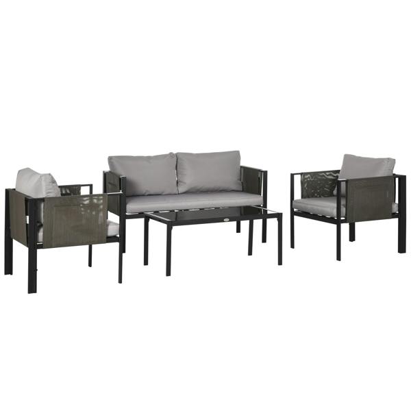 Wyld Haus Vafa 4 Seater Brown Rattan Rope Garden Furniture Set woth Tempered Glass Coffee Table Sofa and 2 Armchairs