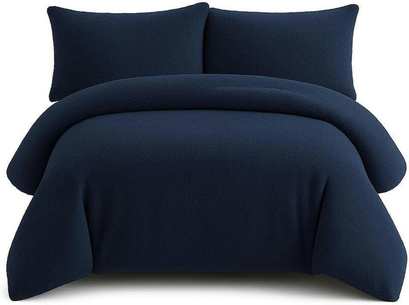 Night Zone Teddy Fleece Duvet Cover Set – Soft Warm Teddy Bear Bedding with Pillowcases - Navy