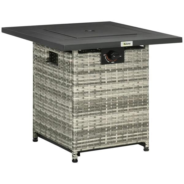 Grey PE rattan square gas fire pit table with black top and side control knob