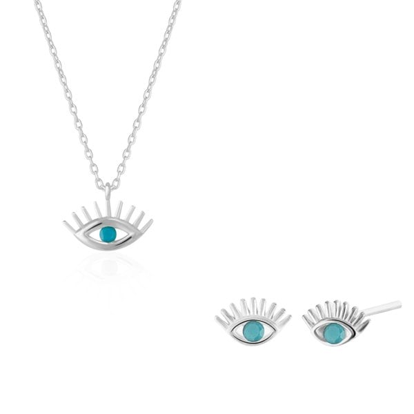 Spero London Turquoise Blue Eye Evil Eye Sterling Silver Necklace and Earrings Set