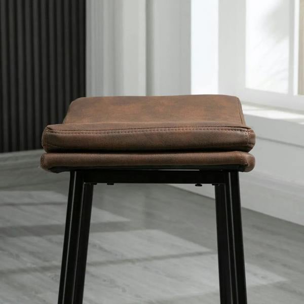 Brown microfibre bar stool with curved padded seat and black steel legs, set of 2