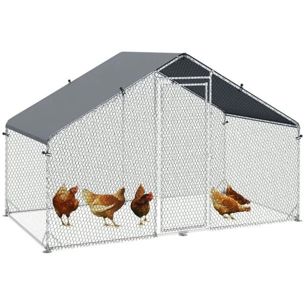 Galvanized wire chicken coop with dark gray weather cover and hinged run door