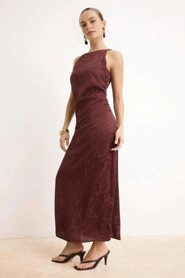 WOVCOR Midi Woven Dress with Gathering and Drape Details