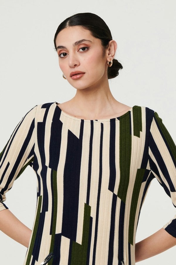 Green | Printed Stripe Texture Short Shift Dress
