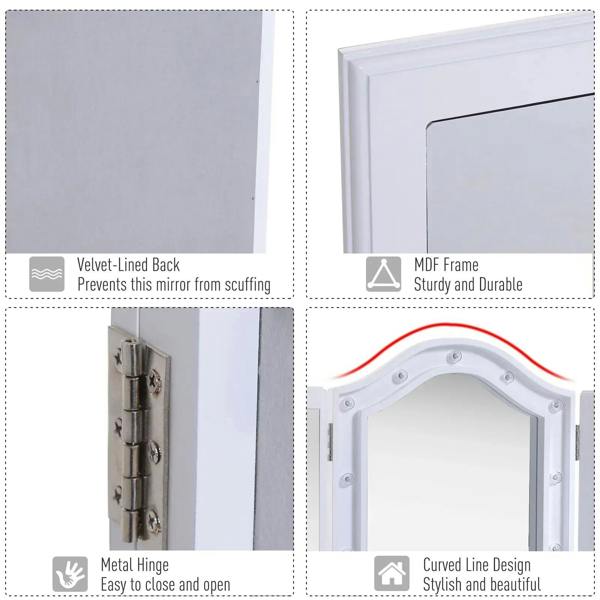 White tri-fold mirror detail graphic showing hinged construction and MDF frame features