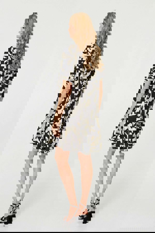 Black | Printed 1/2 Sleeve Tiered Short Dress
