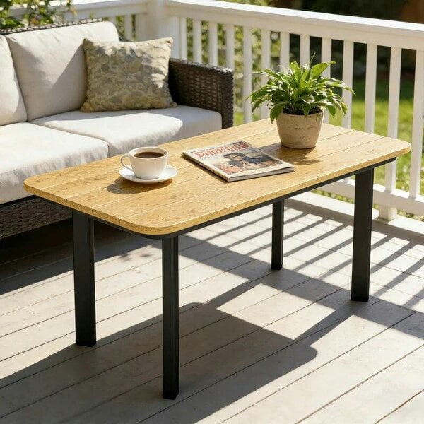Outdoor Garden Coffee Table, Garden Table with Slatted Wood Plastic Composite Top and Metal Frame, Brown - Brown