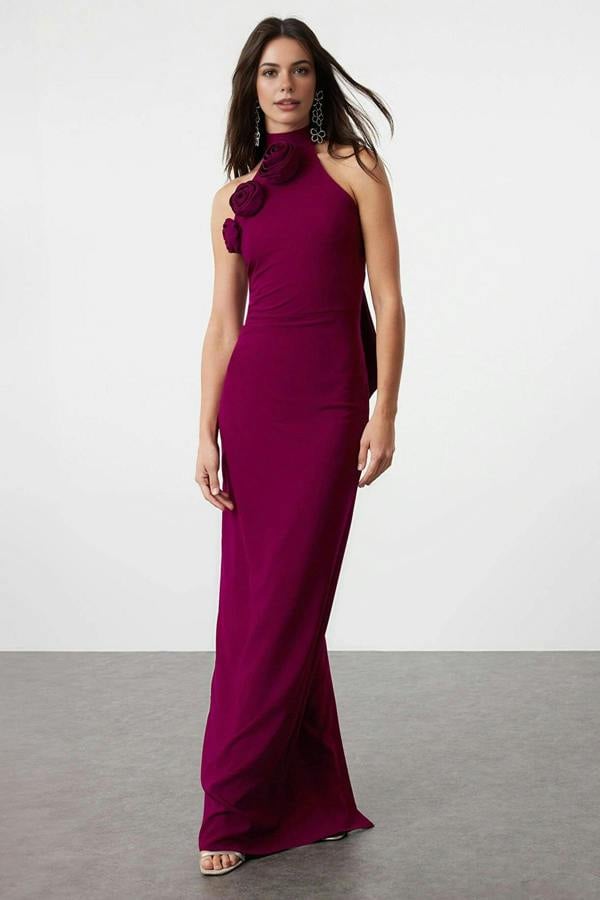 WOVCOR Woven Maxi Elegant Evening Dress with Rose Detail