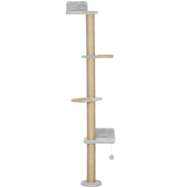 Wall-mounted cat climbing shelf tower with light gray platforms on beige jute post