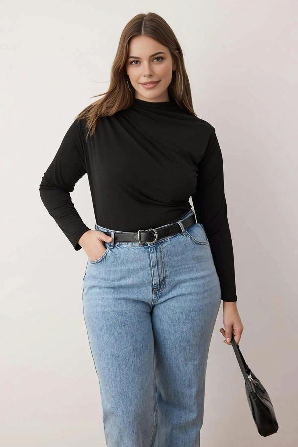 WOVCOR Gathered Detail Long Sleeve Knitted Plus Size Blouse