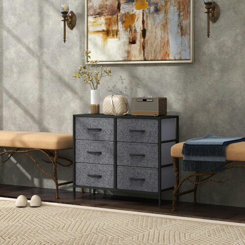 Wyld Haus Veroso Black Metal And Grey Fabric Black 6 Drawer Industrial Storage Dresser