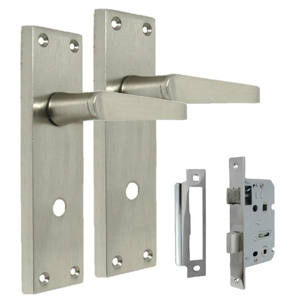 EDH Door Hardware Victorian Straight Satin Nickel Interior Bathroom Door Handles + Bath SASH Lock1