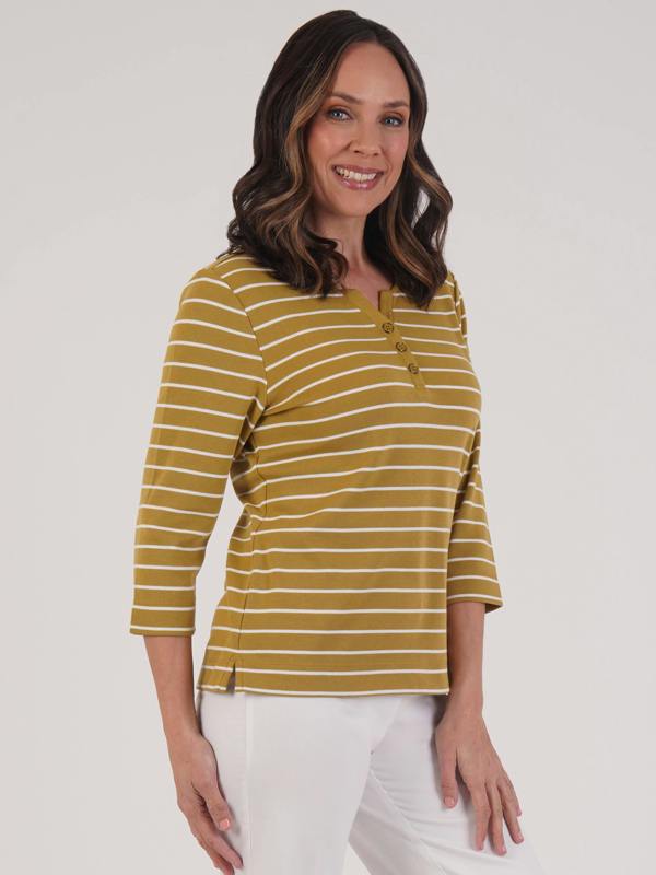 PennyPlain Notch Neck Stripe Top - Apple/ivory