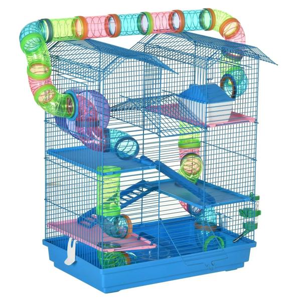 Blue 5-tier hamster cage with colorful wheel, tubes, and ladders