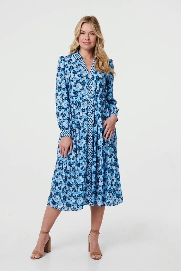 Blue | Floral Tie Waist Midi Shirt Dress

