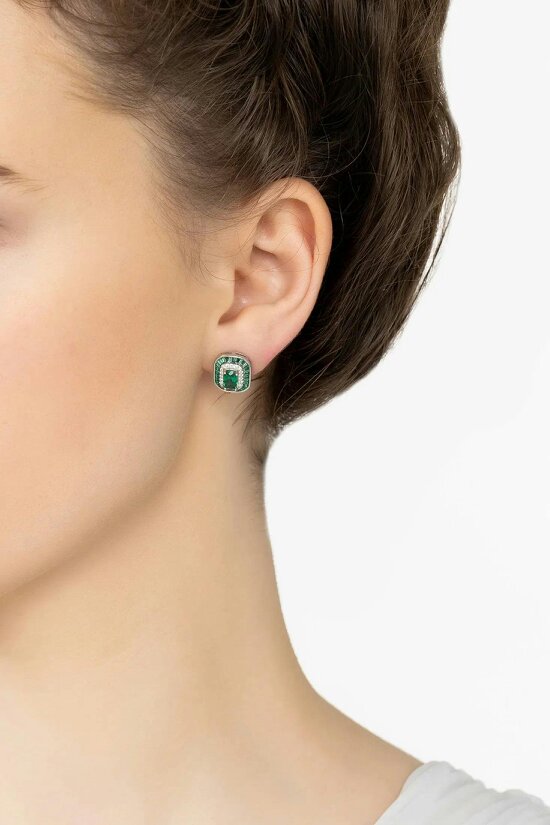 Latelita Great Gatsby Stud Earrings Emerald Silver
