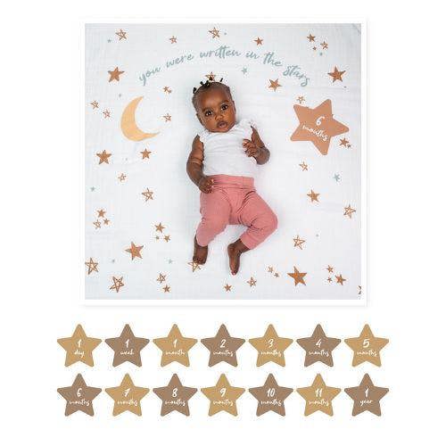 Lulujo - Baby's First Year Gift Set - Cotton Swaddle & Cards - Written In The Stars