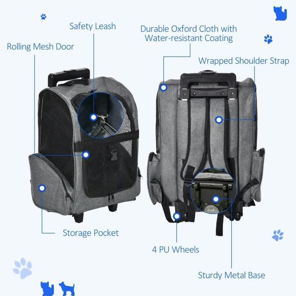 Grey pet rolling carrier backpack with mesh door, storage pocket, and four PU wheels