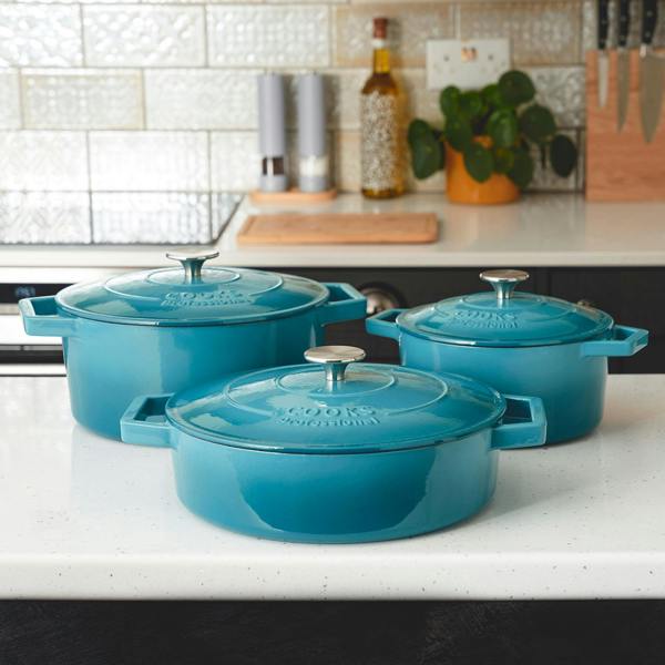 Cooks Professional Set of 3 Cast Iron Casserole | 20cm, 26cm and 28cm | Graduated Teal