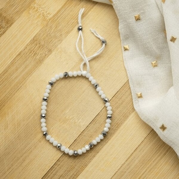The Colourful Aura White Crystal Silver Slim Beads Adjustable Elegant Daily Handmade Bracelet