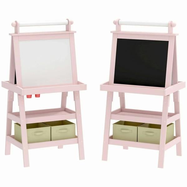 Pink kids easel: magnetic whiteboard and chalkboard with storage baskets