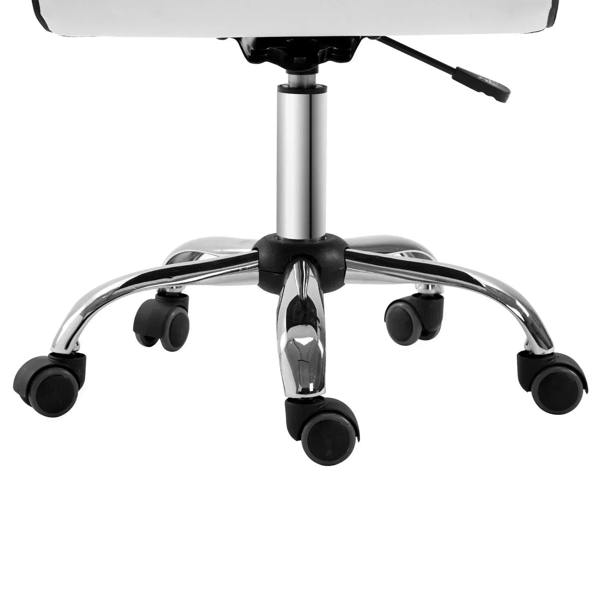 Chrome pedestal office chair base with rolling casters under white armless swivel seat
