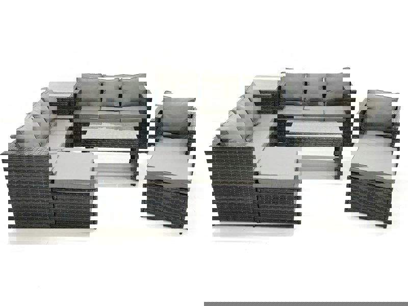 Fimous 9 Seater Rattan Garden Outdoor Furniture Set with 3 Seater Sofa Coffee Table 2 Big Footstool Side table
