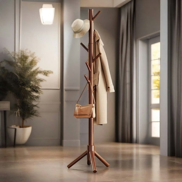 Rafaelo Mobilia Wooden Coat Stand Stand With 8 Hooks Brown