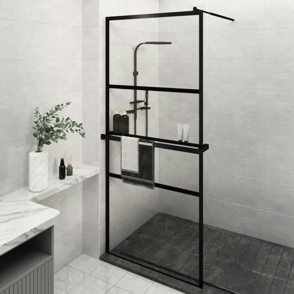Berkfield Walk-in Shower Wall with Shelf Black 100x195 cm ESG Glass&Aluminium
