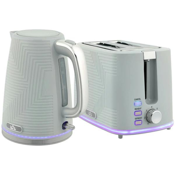 Grey electric kettle and toaster set with digital touch buttons and chrome accents