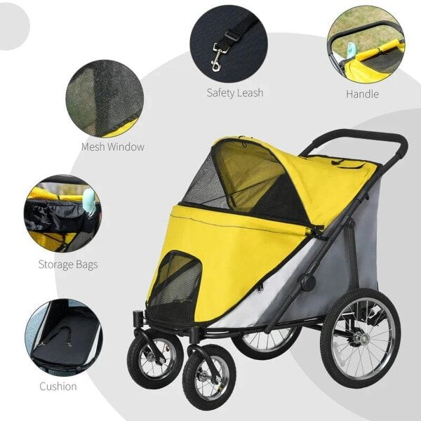 Foldable Pet Stroller, with Washable Cushion, Storage Bags, Safety Leash, for Medium, Large Dogs, Cats - Yellow