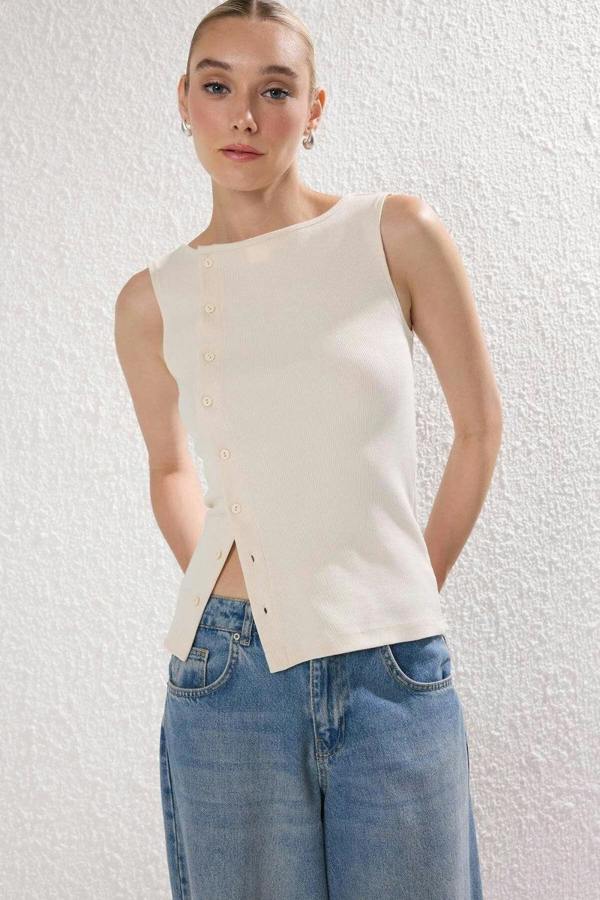 Hoxton Gal Buttoned Asymmetric Fitted Ribbed Stretch Knit Blouse