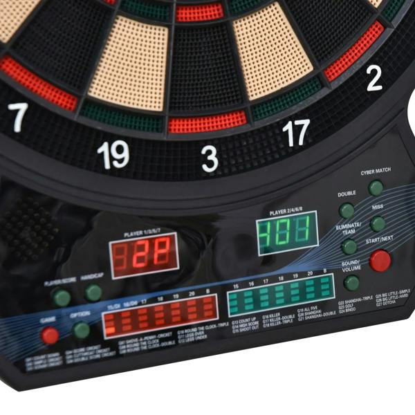 Electronic dartboard base with LED displays and player controls for game scoring