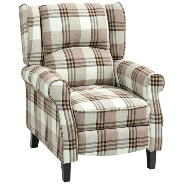 Reclining armchair with footrest, plaid brown-and-cream upholstered seat and arms