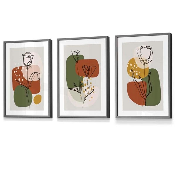 Artze Wall Art Floral Set of 3 Autumn Boho Framed Prints in Orange and Green