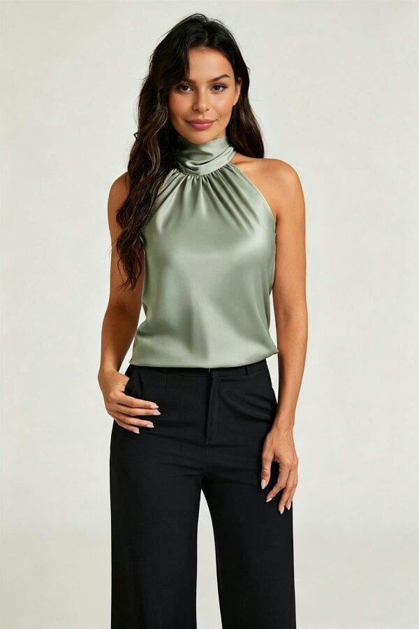 FS Collection Satin Halter Neck Tie Back Top In Dusty Sage