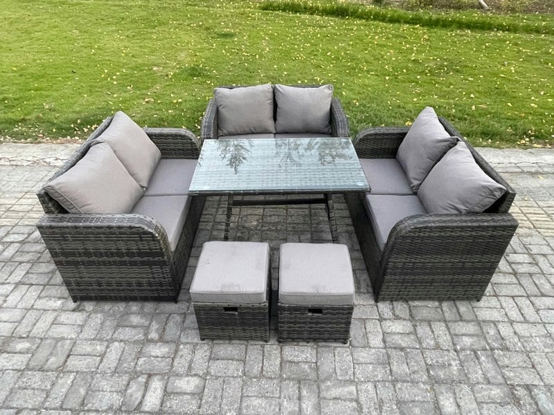 Fimous Outdoor Rattan Garden Furniture Set 8 Seater Patio Love Sofa Set with Rectangular Dining Table 2 Small Footstool Dark Grey Mixed