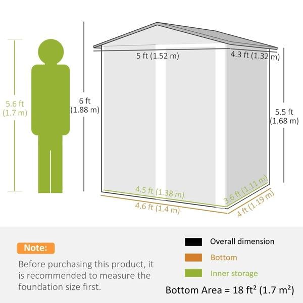 Tool shed size diagram with measurements and person scale, showing roof and base dimensions