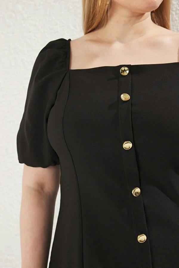 WOVCOR Square Neck Balloon Sleeve Button Detail Woven Plus Size Blouse