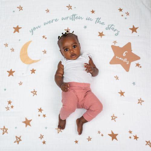 Lulujo - Baby's First Year Gift Set - Cotton Swaddle & Cards - Written In The Stars