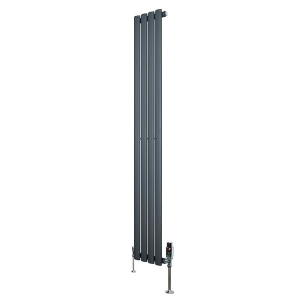 Oval single column radiator in anthracite grey, 1600mm x 240mm, featuring sleek vertical lines and modern valve design