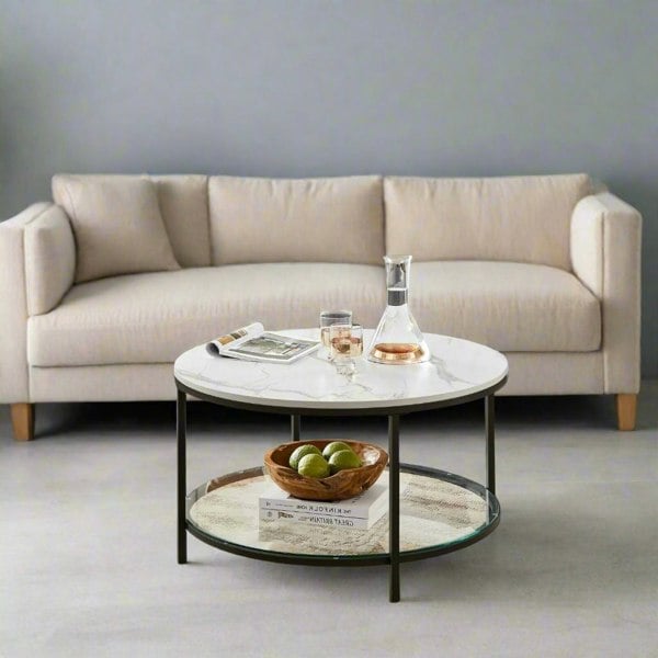 Modcraft White and Black Marble Coffee Table with Glass Storage Shelf