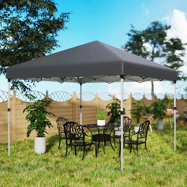Dark grey pop-up gazebo with open sides and metal legs holding table and chairs